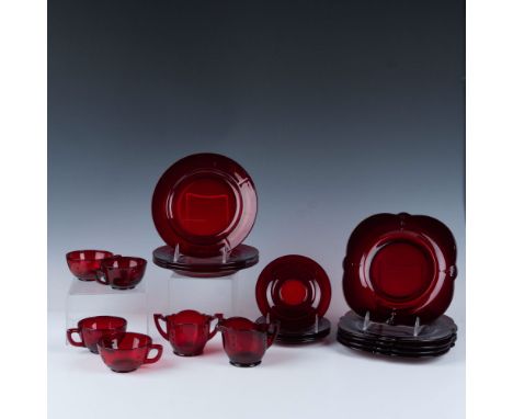 Amazing collection of clear dark red tableware that includes four Paden City Crows Feet plates, four salad plates, four tea c