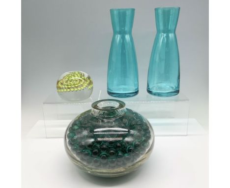 Fun art deco collection that consists of a round bowl with filler teal marbles, a paperweight with lime green geometric desig