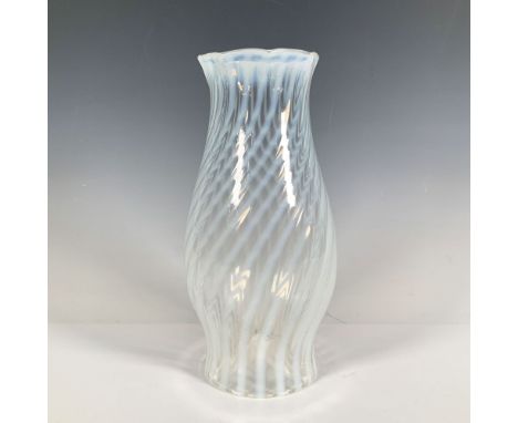A glass lamp shade with a rounded center that narrows at the top, featuring a white spiral design throughout. Dimensions: 9.5