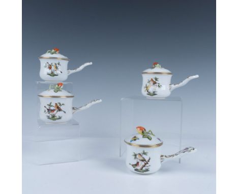 A delightful set of four pots de creme with stick handles, adorned with various birds and insects, embellished with gilt acce