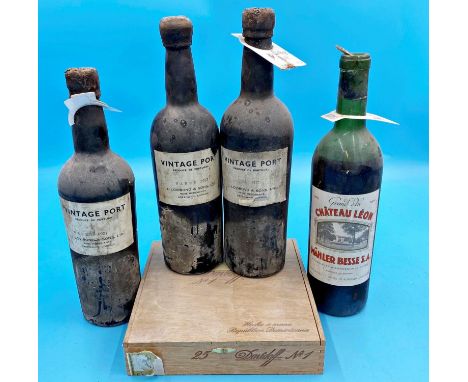 Three bottles of vintage port dated 1927, further 1985 Chateau Leon Bordeaux wine and box of cigar lighting sticks (5) 