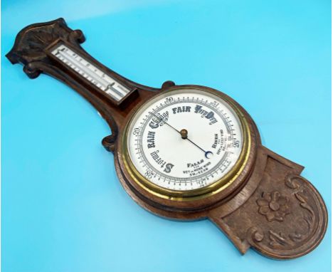 Edwardian oak barometer thermometer with pokerwork decoration, 83 cm high 