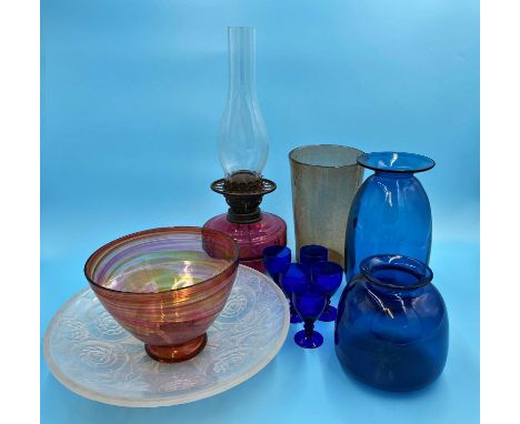 Good collection of glassware to include a Lalique style relief moulded lustre dish, two Kastrup of Denmark vases, five Bristo