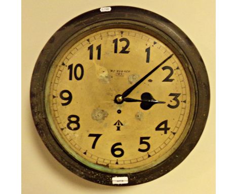 Military issue single fusee wall clock, 13.5" dial, mahogany case (af) 