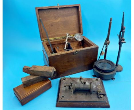 Collection of interesting items to include Bosun compass, three adjustable engineer stands, coding machine, wooden boxes etc 