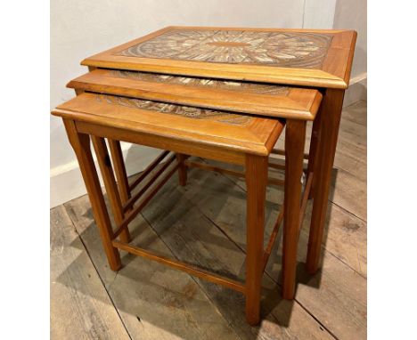 Danish teak nest of tile top tables, the largest 48 high x 56 cm wide 