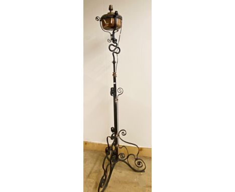Benson style wrought iron and copper standard lamp, 165 cm high 