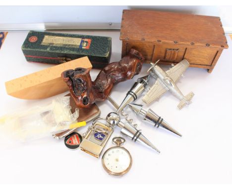 Two clay pipes, cigarette case, cigarette box, Masonic buckle, Ducati key ring, pocket watch, Spitfire clock, wine bottle sto