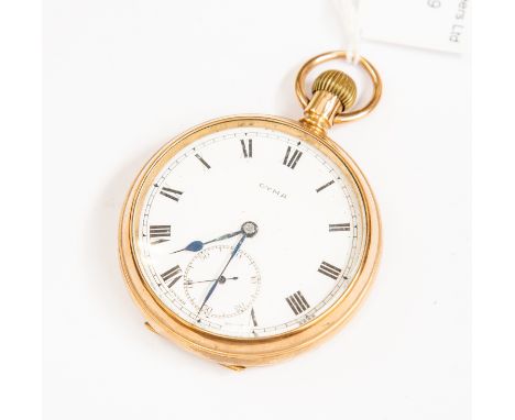 A Cyma 9ct gold open faced  pocket watch, white enamel dial, numerals, subsidiary dial, dial diameter approx 41mm, total gros