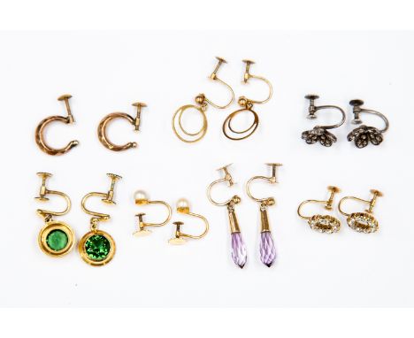 Seven pairs of various drop setting, screw back fitting earrings, to include 9ct gold mounted versions, with pearl, garnet, a