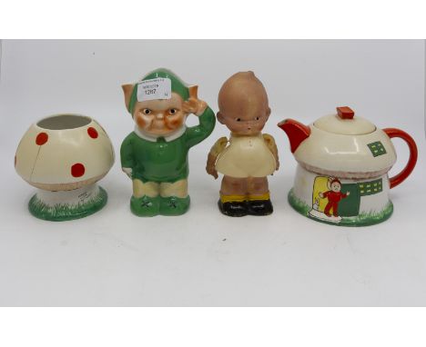 Mabel Lucie for Attwell for Shelley, an Elf Pitcher, reg number 724421, a mushroom teapot and sugar (restored) and a similar 