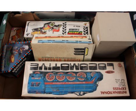Tin plate toys; Kovap tractor and trailer, locomotive, Russian miniature train and others (6 items)