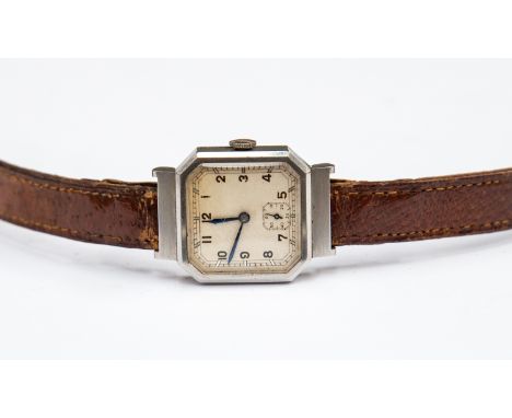 Marc Favre, a circa 1930's steel Marc Favre Art Deco wristwatch, 2.5cm octagonal dial with subsidiary seconds dial, tan leath