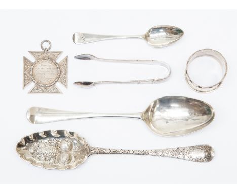 A collection of silver items including: George III Hanovarian Berry spoon, Thomas &amp; William Chawner, London, c.1757; Geor