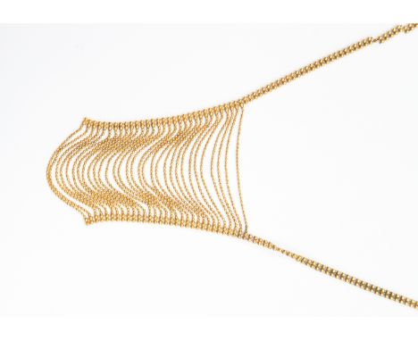 A 9ct gold negligee necklace, the multi-row yellow gold chain drop with two-row bead chain surround continuing to a lobster c