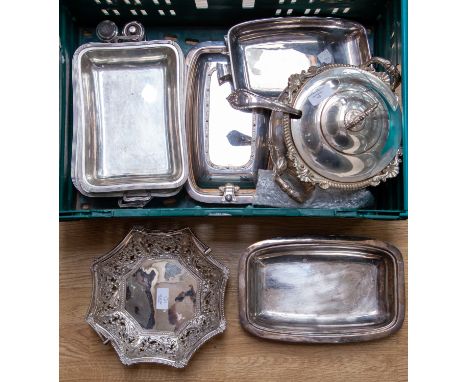 A collection of silver-plate including a Sheffield plate soup tureen, cover and ladle; two pair of entrée dishes and covers; 
