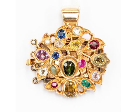 A yellow metal and gem-set pendant, set with diamond, ruby, emerald, sapphire, pearl, amethyst, garnet, tourmaline, tigers ey