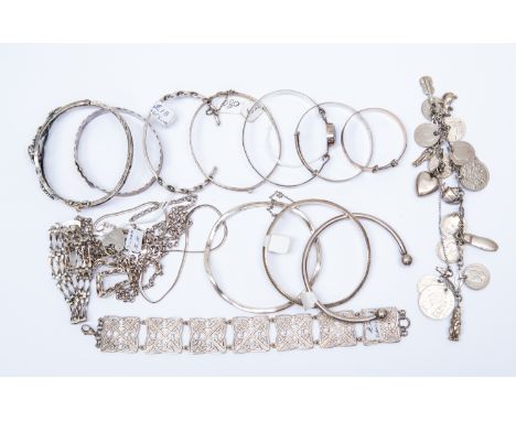 A collection of fourteen silver bracelets, one set with amethyst, to include: gate, charm, christening, etc and two chains, t