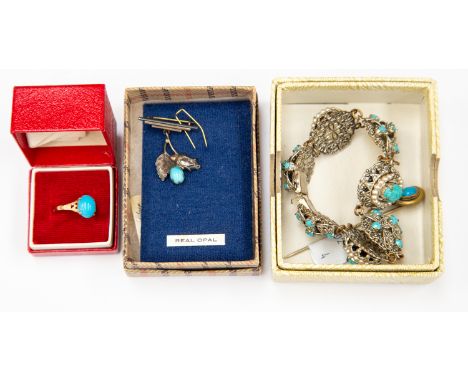 9ct gold and turquoise ring with receipt from 1979 and white metal bracelet set with pearls and turquoise; tie pin set with t