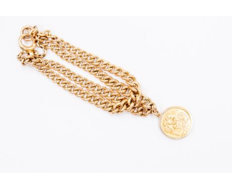 A 9ct gold Albert chain with attached Half Sovereign 1908, weight approx. 43gms.