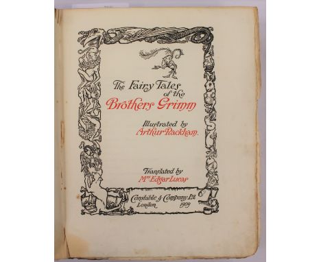 Rackham, Arthur (Illus.). The Fairy Tales of the Brothers Grimm, London: Constable & Company Ltd., 1909, vellum binding, pres