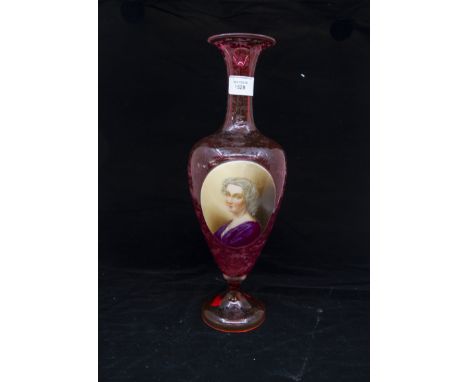 Bohemian ruby glass baluster vase with oval portrait of a lady (hand painted) (gilt worn)