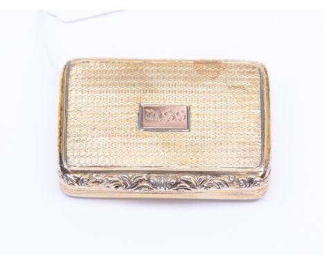 A George III silver gilt snuff box, engine turned rattan weave design, with cast foliate thumb piece, Lawrence and Co., Birmi