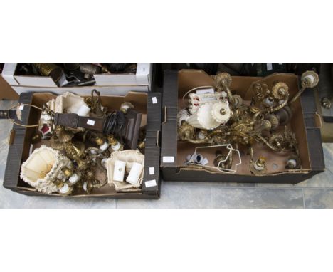 A collection of various light fittings including 5 light gilt metal chandelier; a pair of wall brackets; a brass chandelier; 