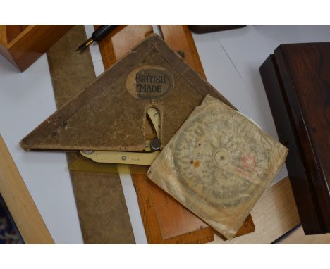 Scale rulers, rules, Parquetry box, draughtsman tools etc, with dip pen (parcel lot)