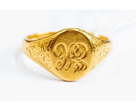 A 22ct gold signet ring, engraved cartouche, size M½, total gross weight approx. 5.5gms.