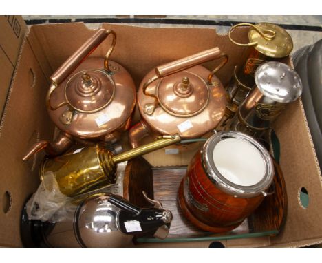Two E Thomas &amp; Williams presentation miners lamps together with two copper kettles, a brass spit roaster, a wood and glas