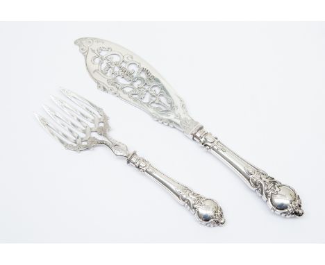 Silver handled fork and knife, fish server, silver handles, Birmingham 1852, knife blade by Gilbert in Old Sheffield plate