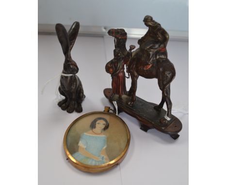 Cold painted bronzed figure of Arabs on camel, bronze item and a miniature of a young girl in brass frame (3)