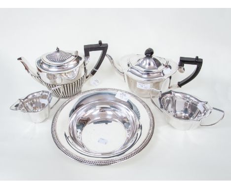 A plated tea service, a plated teapot and a Reed &amp; Banton, EPNS rimmed dish (5)