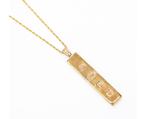 A 9ct gold ingot necklace on a fine link chain, length approx 20'', total gross weight approx 24.4gms