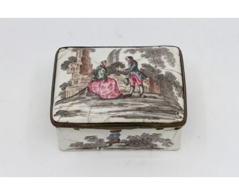 An 18th Century enamel snuff box, probably continental, the cover with a courting couple, the inner lid with a portrait of a 