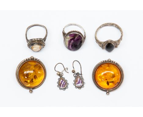 A silver and Blue John ring, size K, and earrings; a pair of silver and amber coloured earrings; cameo silver ring etc