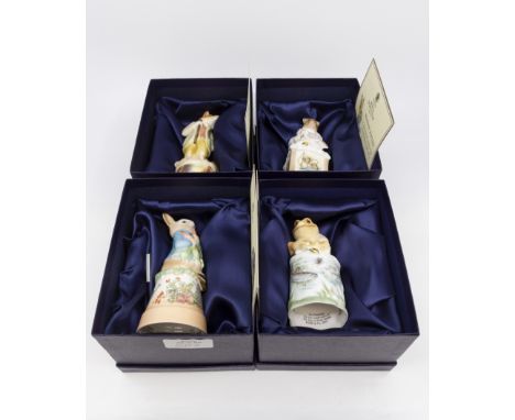 Four Royal Worcester candle snuffers, Hunca Munca, Peter Rabbit, Jeremy Fisher and Mr Todd Standing