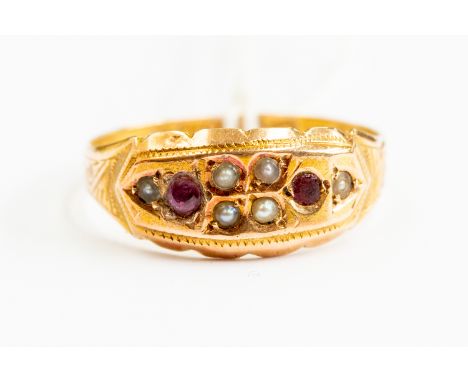 A 15ct seed pearl and ruby ring, Chester hallmark, size R, gross weight approx 1.9gms