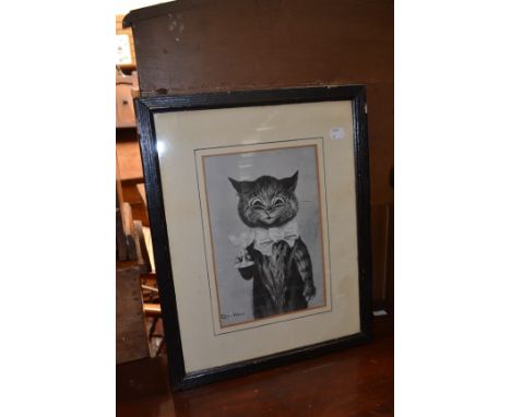 A pair of Louis Wain cat prints with an engraving of old Bristol, all in black frames