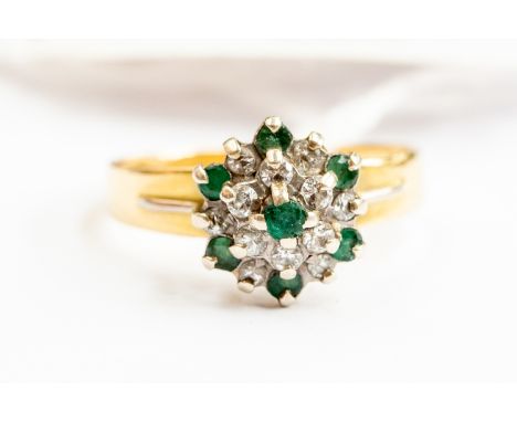 An emerald and diamond cluster 18ct gold ring, size Q, gross weight approx 4.2gms