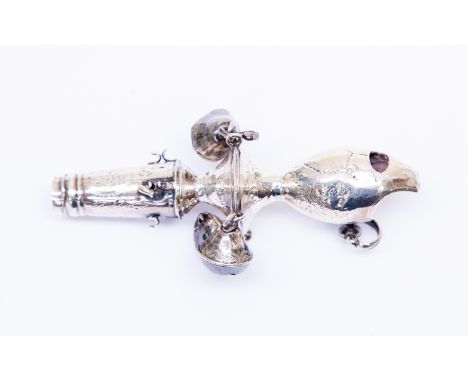 A George III silver child's rattle, whistle and teether, the whistle upper section with suspension ring, above a row for four