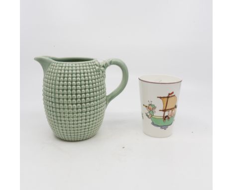 Green ground Clarice Cliff milk jug, along with Shelley beaker, hand painted by Mable Atwell