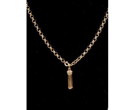 A 9ct gold belcher chain, tassel details, length approx. 24", weight approx. 25.6gms.