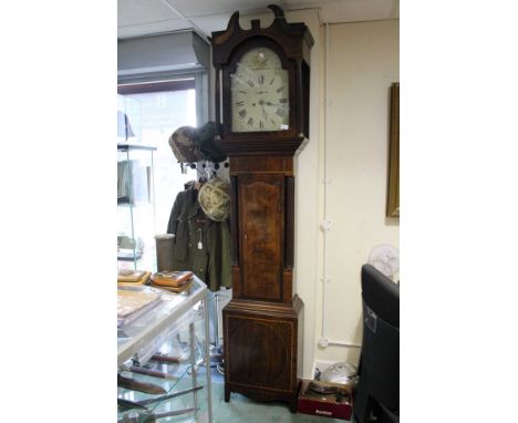 A longcase clock, painted dial, mahogany veneer, pendulum, weights, etc, early 19th Century/late 18th Century A/F,