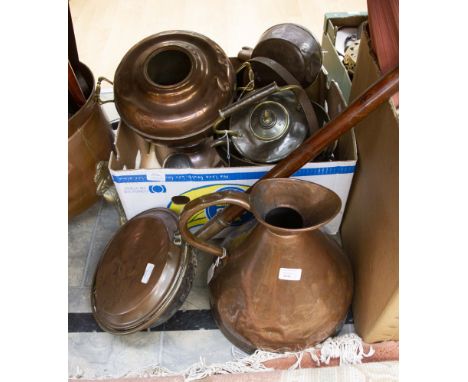 Three copper pans plus one ladle, copper jug, urn and kettle x 2 and one bed pan (9)