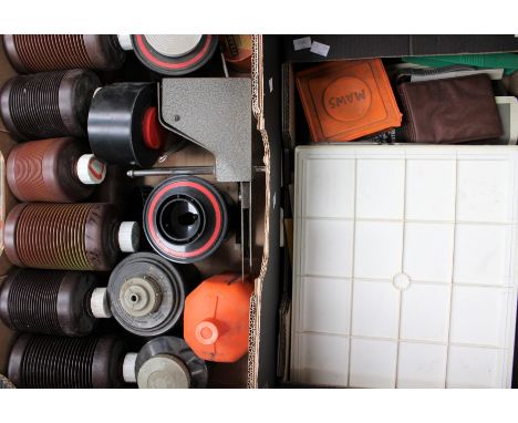 Three boxes of camera ephemera, dark room tools and mid to late 20th Century cameras