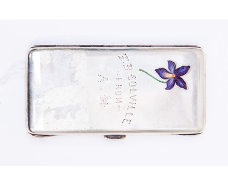 A German 800 standard silver card case, plain oblong the cover inset with enamel violet and engraved: T R COLVILLE FROM A.M, 