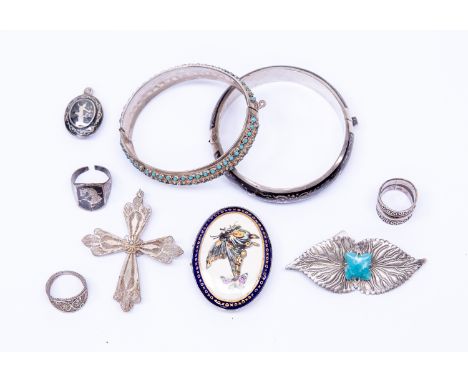 Thai silver bangle, locket, together with turquoise bangel, with silver rings, cross, brooch and Thai buckle