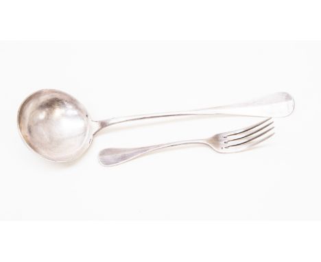 A French white metal ladle, Jeaune and a matching fork (2)